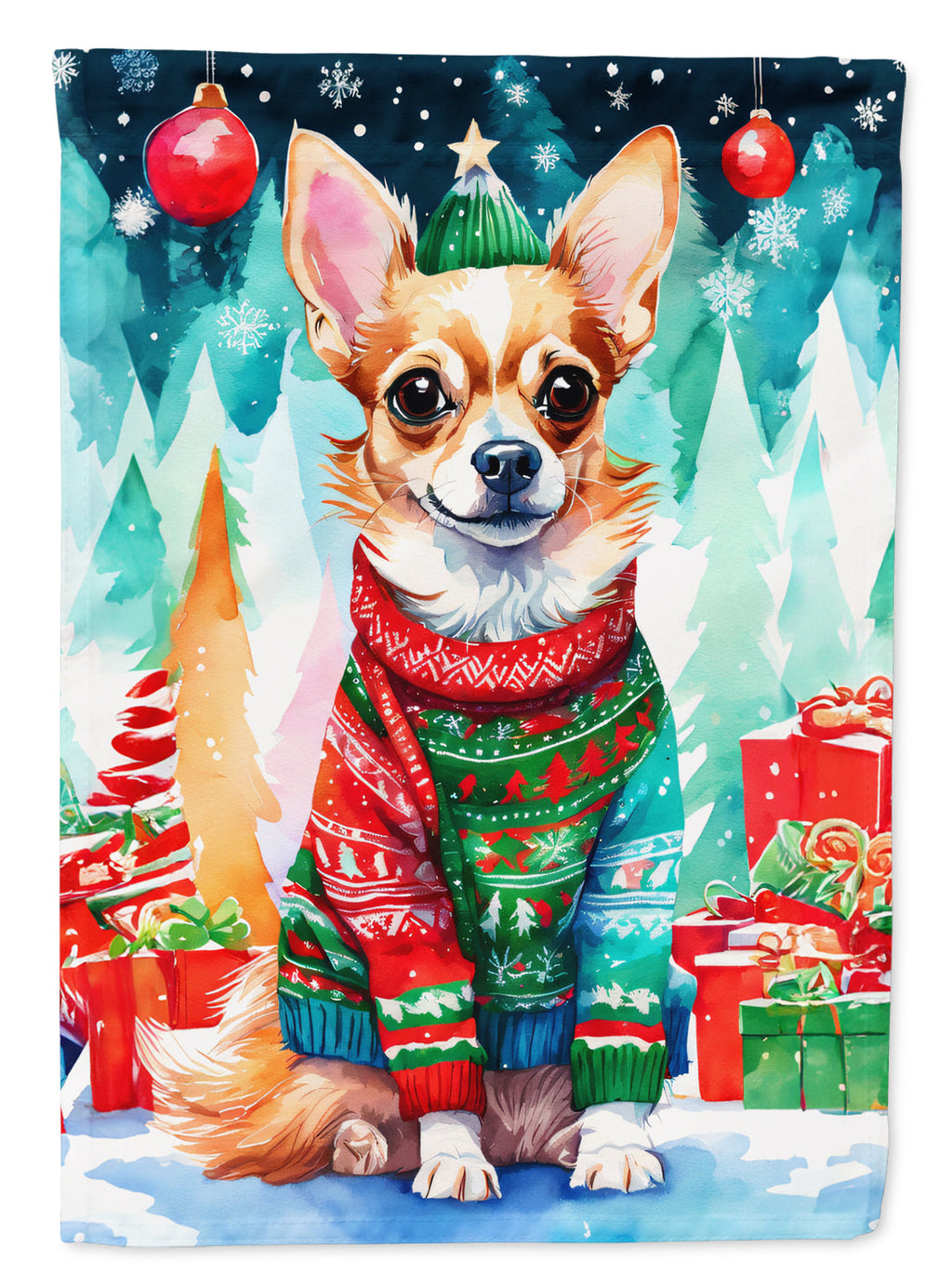 Chihuahua Christmas House Flag 28x40 Porch Sleeve Pole Decorative Outside Yard Banner Artwork Wall Hanging, Polyester