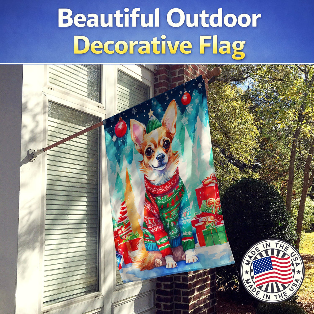 Chihuahua Christmas House Flag 28x40 Porch Sleeve Pole Decorative Outside Yard Banner Artwork Wall Hanging, Polyester