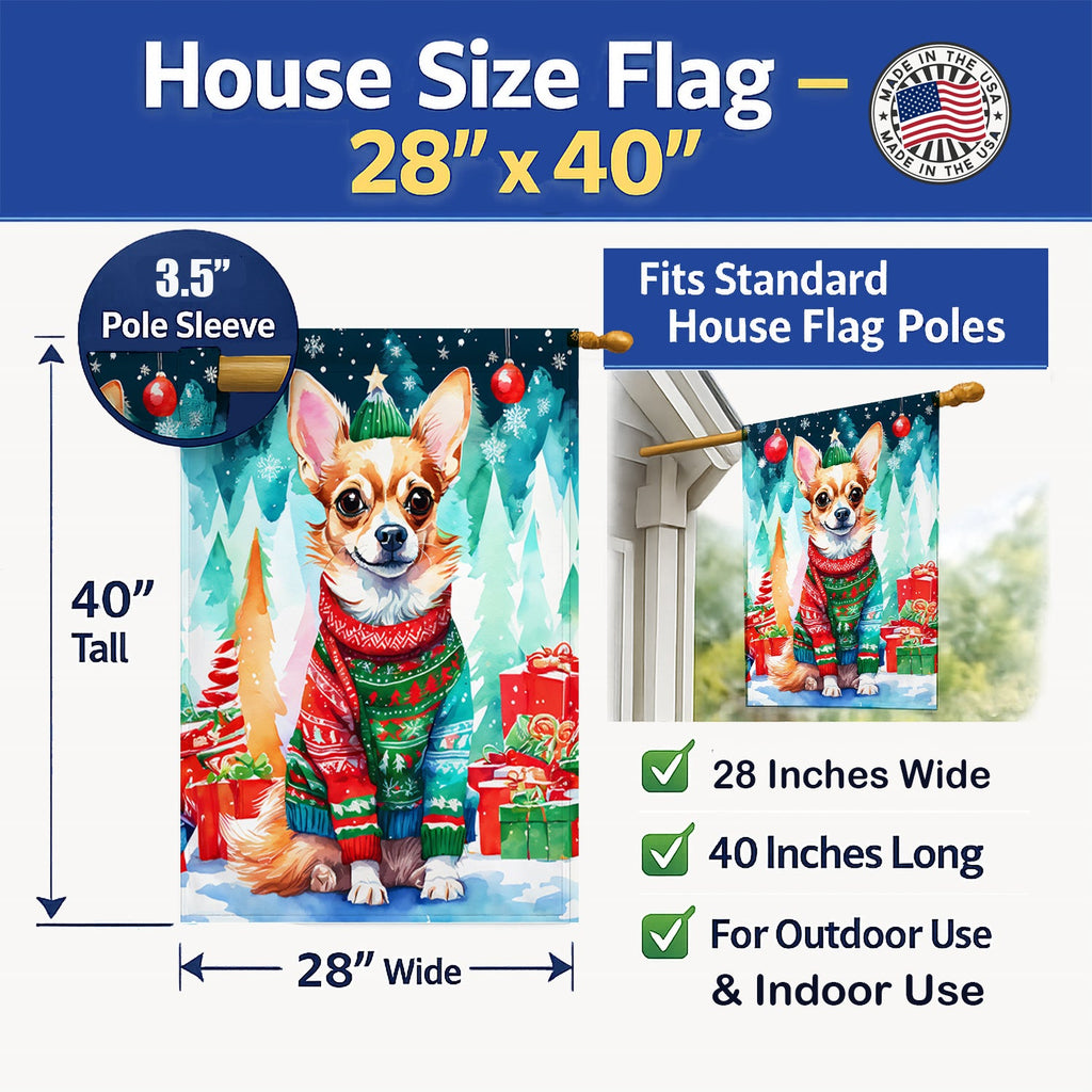 Chihuahua Christmas House Flag 28x40 Porch Sleeve Pole Decorative Outside Yard Banner Artwork Wall Hanging, Polyester