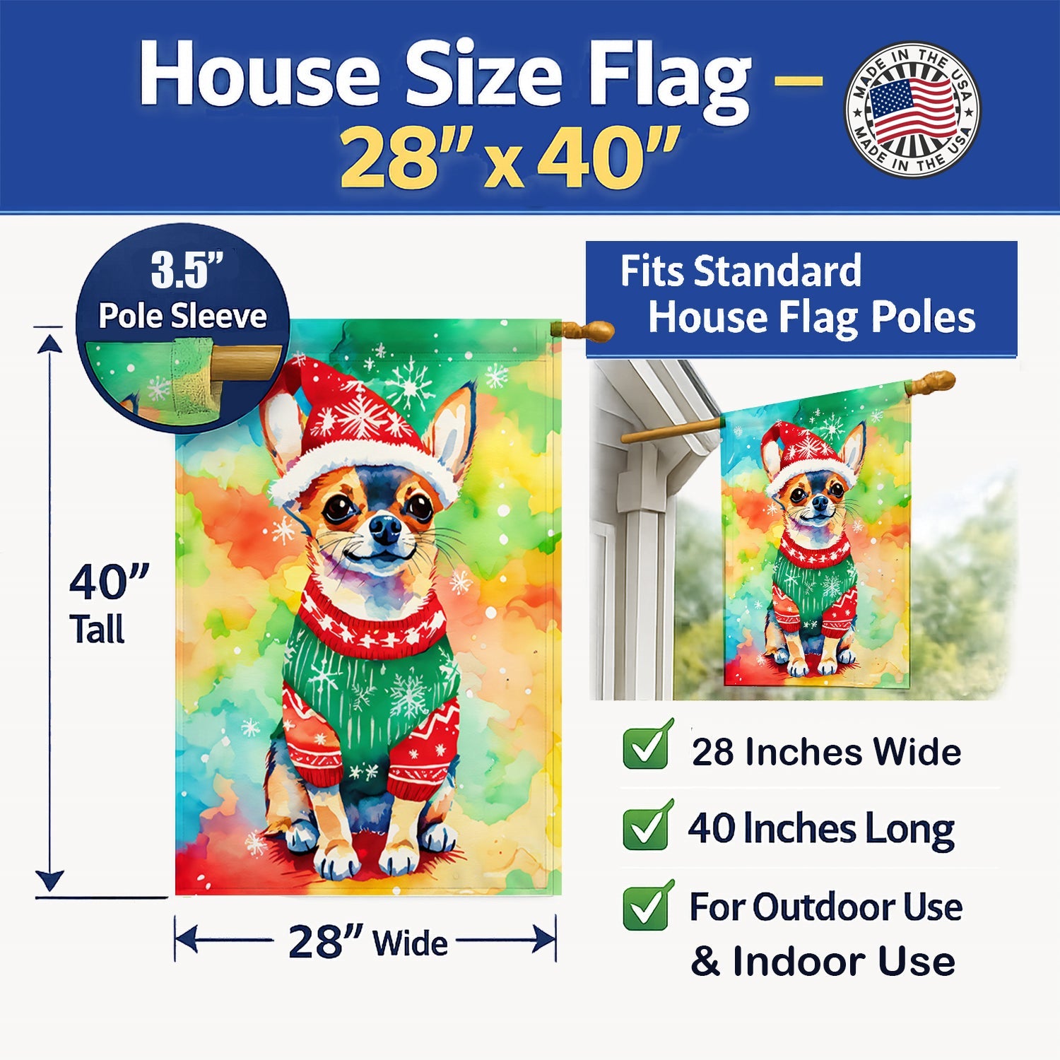 Chihuahua Christmas House Flag 28x40 Porch Sleeve Pole Decorative Outside Yard Banner Artwork Wall Hanging, Polyester