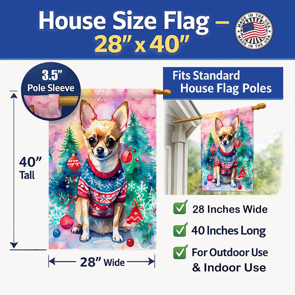 Chihuahua Christmas House Flag 28x40 Porch Sleeve Pole Decorative Outside Yard Banner Artwork Wall Hanging, Polyester