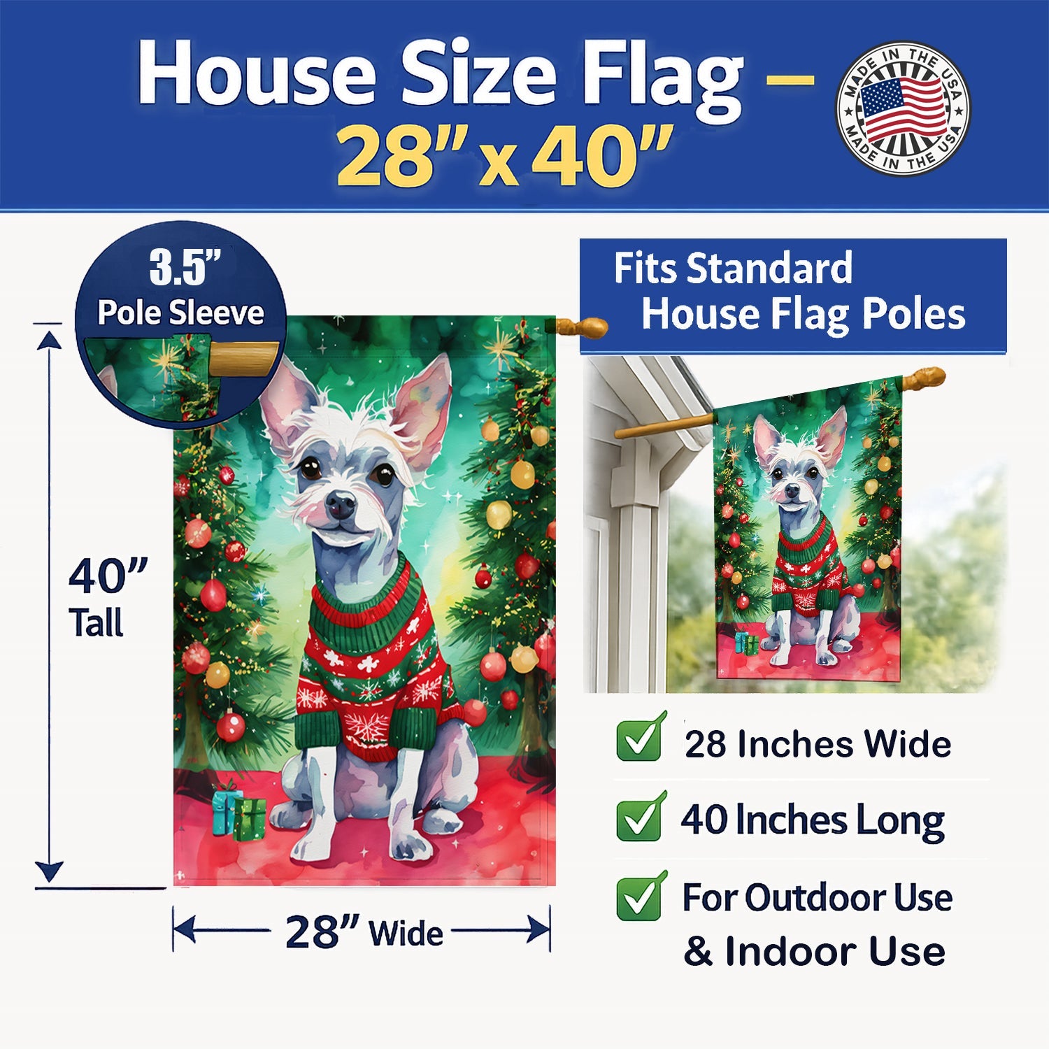 Chinese Crested Christmas House Flag 28x40 Porch Sleeve Pole Decorative Outside Yard Banner Artwork Wall Hanging, Polyester