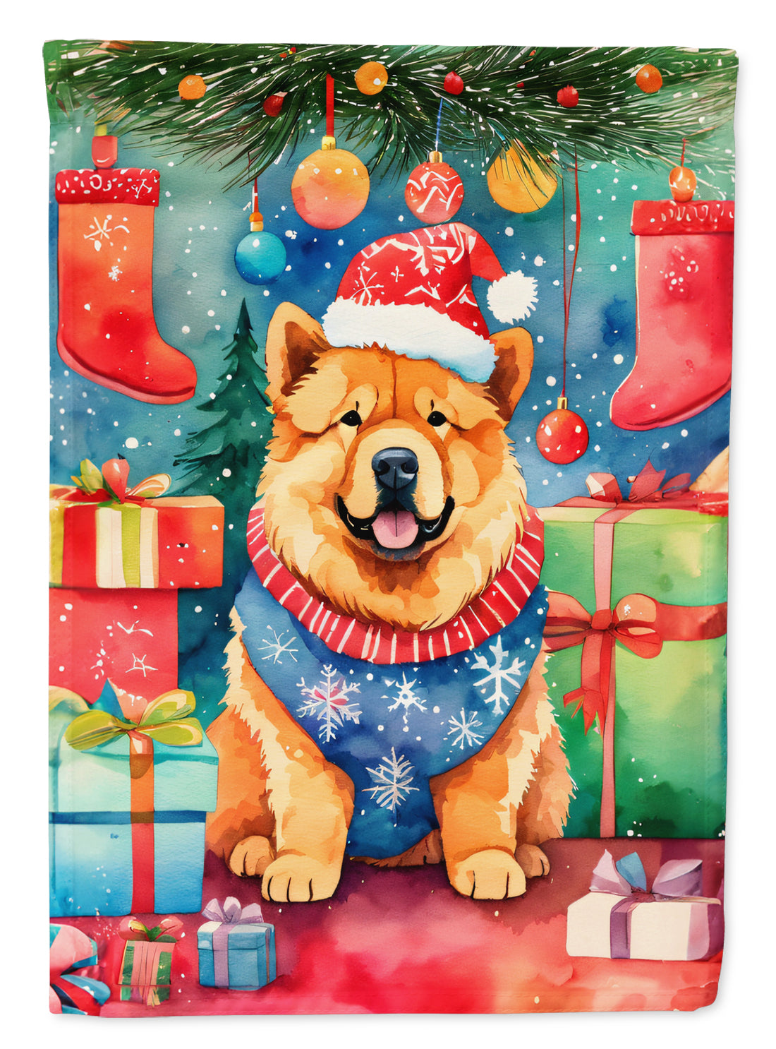 Chow Chow Christmas House Flag 28x40 Porch Sleeve Pole Decorative Outside Yard Banner Artwork Wall Hanging, Polyester