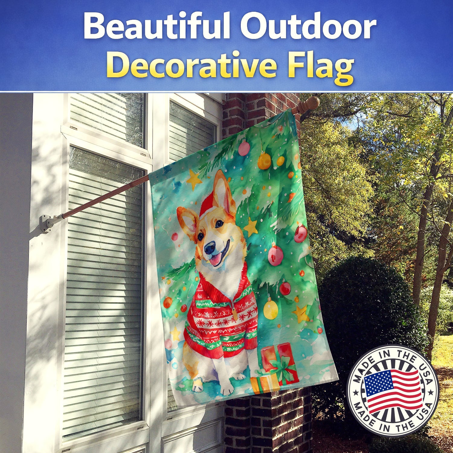 Corgi Christmas House Flag 28x40 Porch Sleeve Pole Decorative Outside Yard Banner Artwork Wall Hanging, Polyester
