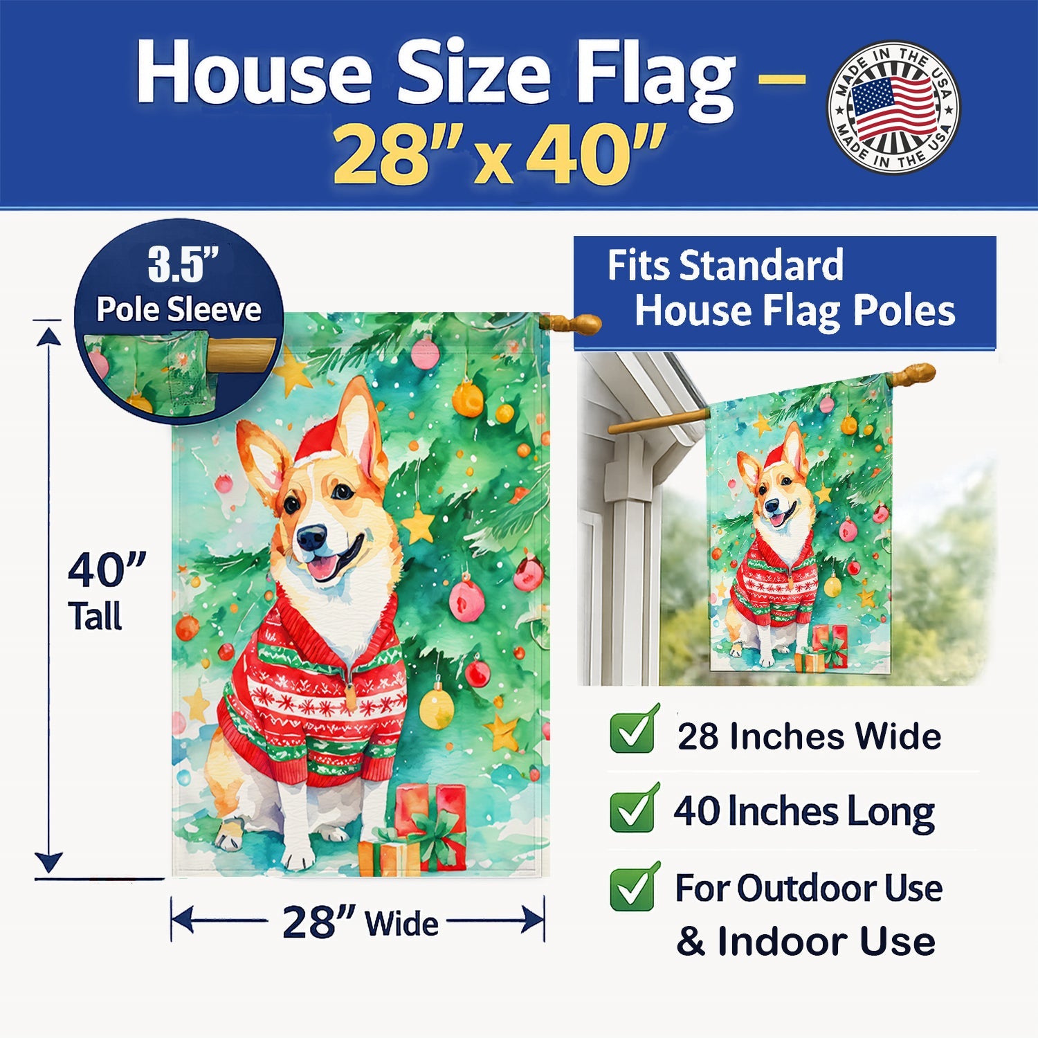 Corgi Christmas House Flag 28x40 Porch Sleeve Pole Decorative Outside Yard Banner Artwork Wall Hanging, Polyester
