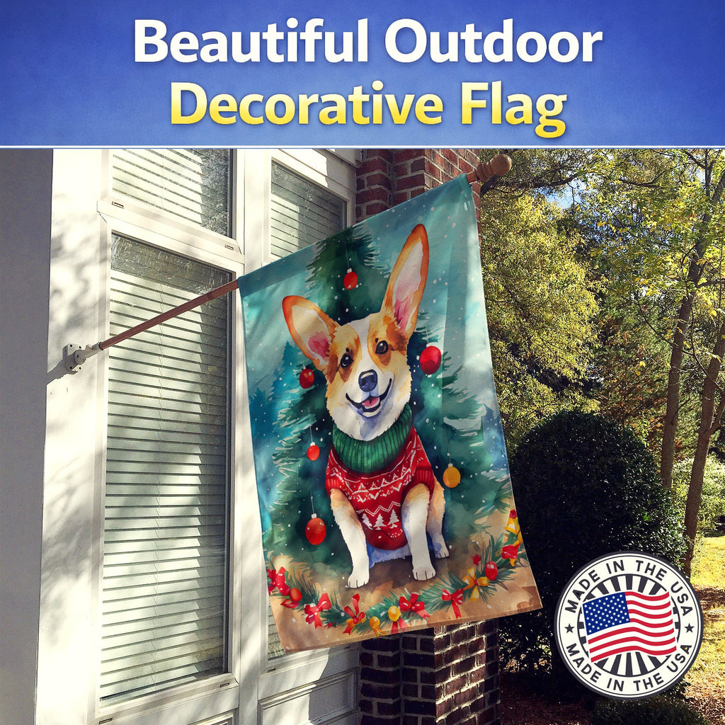 Corgi Christmas House Flag 28x40 Porch Sleeve Pole Decorative Outside Yard Banner Artwork Wall Hanging, Polyester