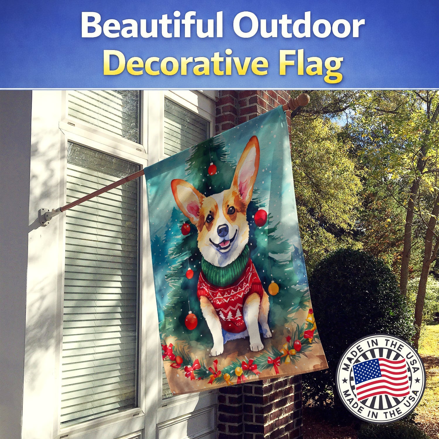 Corgi Christmas House Flag 28x40 Porch Sleeve Pole Decorative Outside Yard Banner Artwork Wall Hanging, Polyester
