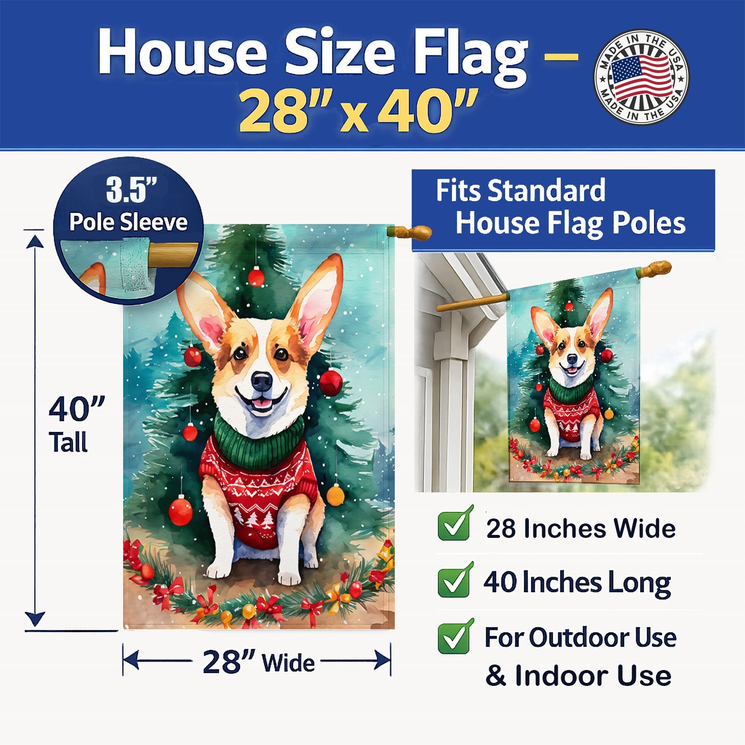Corgi Christmas House Flag 28x40 Porch Sleeve Pole Decorative Outside Yard Banner Artwork Wall Hanging, Polyester
