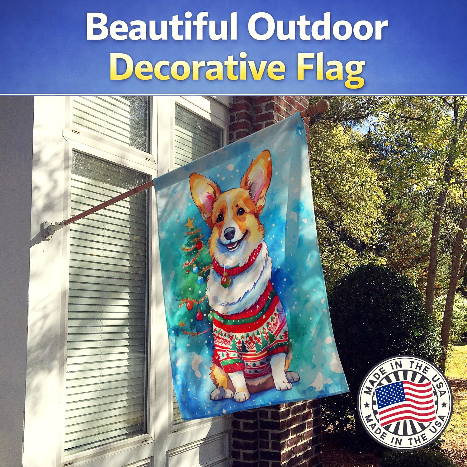 Corgi Christmas House Flag 28x40 Porch Sleeve Pole Decorative Outside Yard Banner Artwork Wall Hanging, Polyester