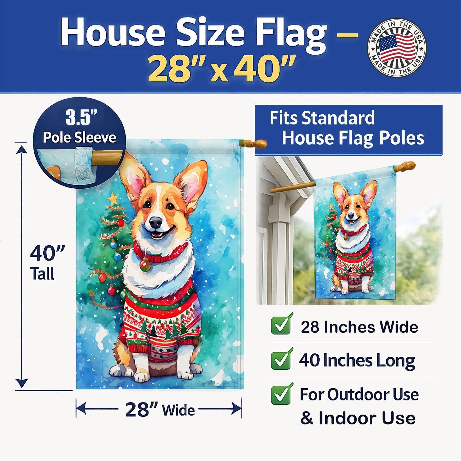 Corgi Christmas House Flag 28x40 Porch Sleeve Pole Decorative Outside Yard Banner Artwork Wall Hanging, Polyester
