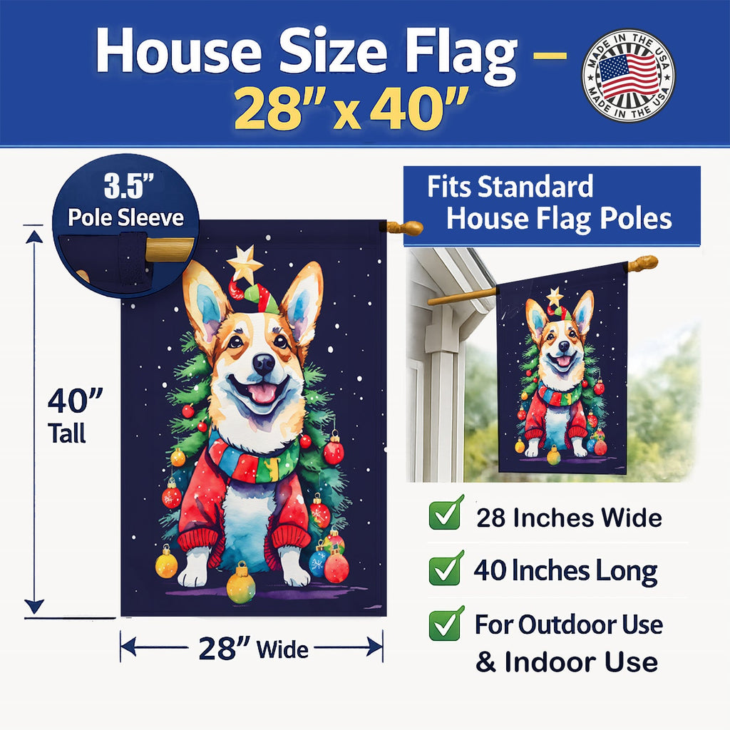 Corgi Christmas House Flag 28x40 Porch Sleeve Pole Decorative Outside Yard Banner Artwork Wall Hanging, Polyester