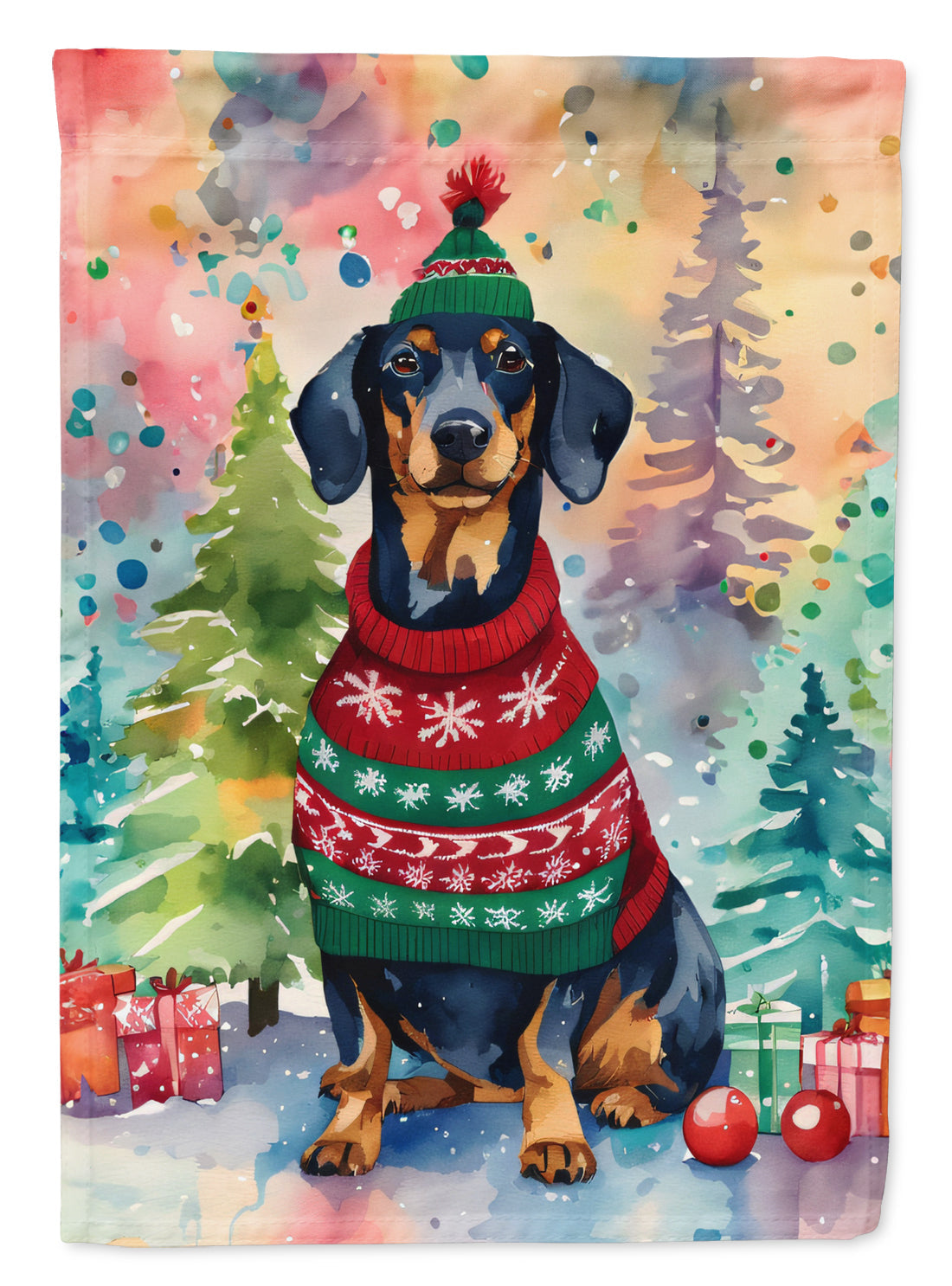 Dachshund Christmas House Flag 28x40 Porch Sleeve Pole Decorative Outside Yard Banner Artwork Wall Hanging, Polyester
