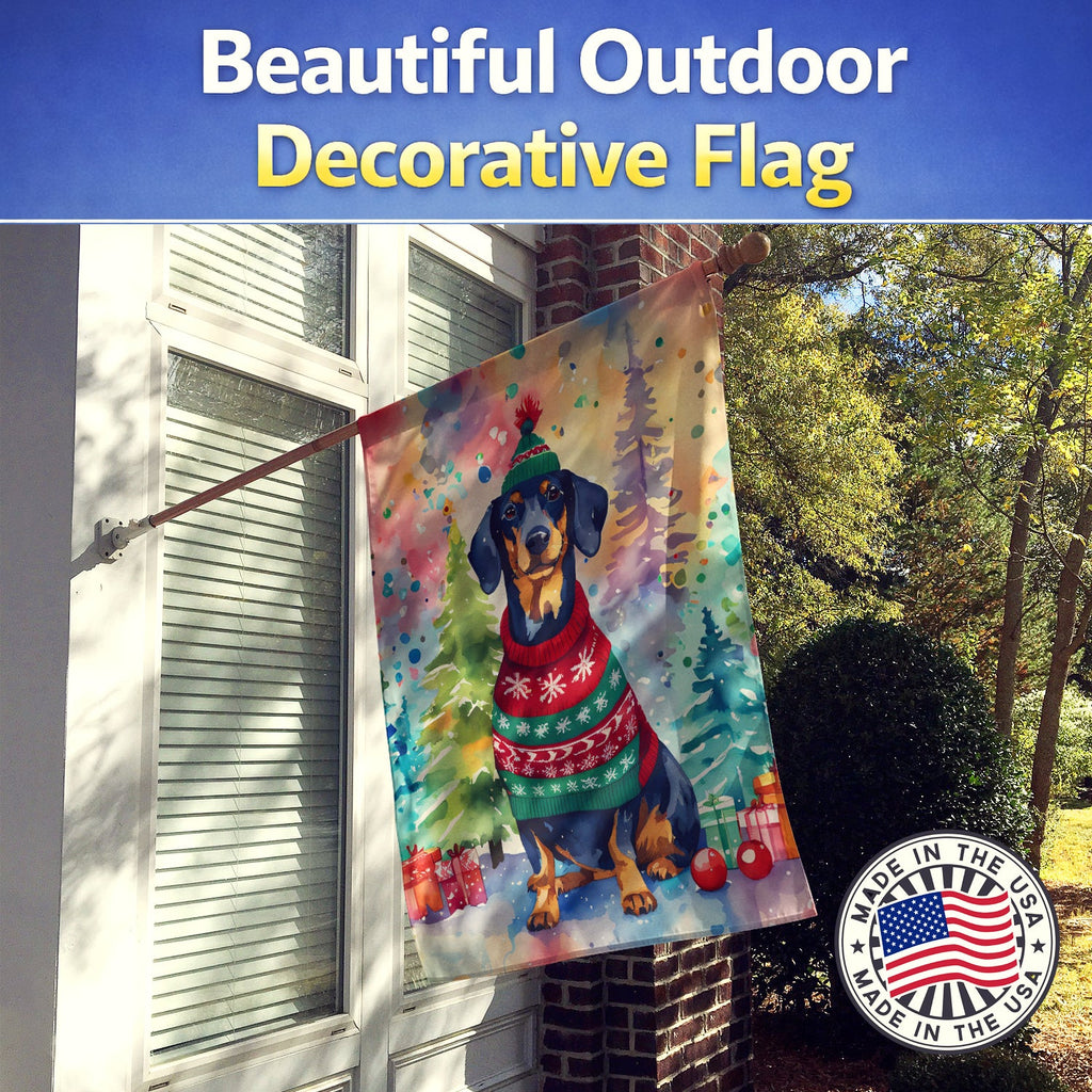 Dachshund Christmas House Flag 28x40 Porch Sleeve Pole Decorative Outside Yard Banner Artwork Wall Hanging, Polyester