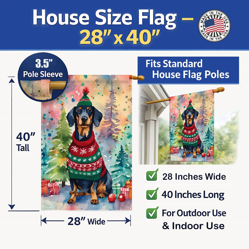 Dachshund Christmas House Flag 28x40 Porch Sleeve Pole Decorative Outside Yard Banner Artwork Wall Hanging, Polyester