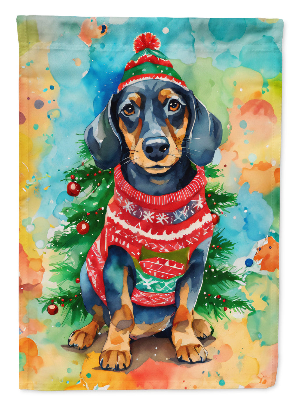 Dachshund Christmas House Flag 28x40 Porch Sleeve Pole Decorative Outside Yard Banner Artwork Wall Hanging, Polyester