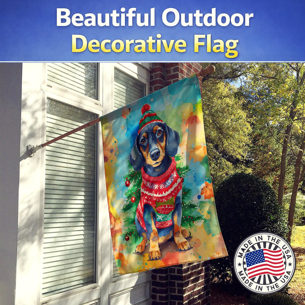 Dachshund Christmas House Flag 28x40 Porch Sleeve Pole Decorative Outside Yard Banner Artwork Wall Hanging, Polyester