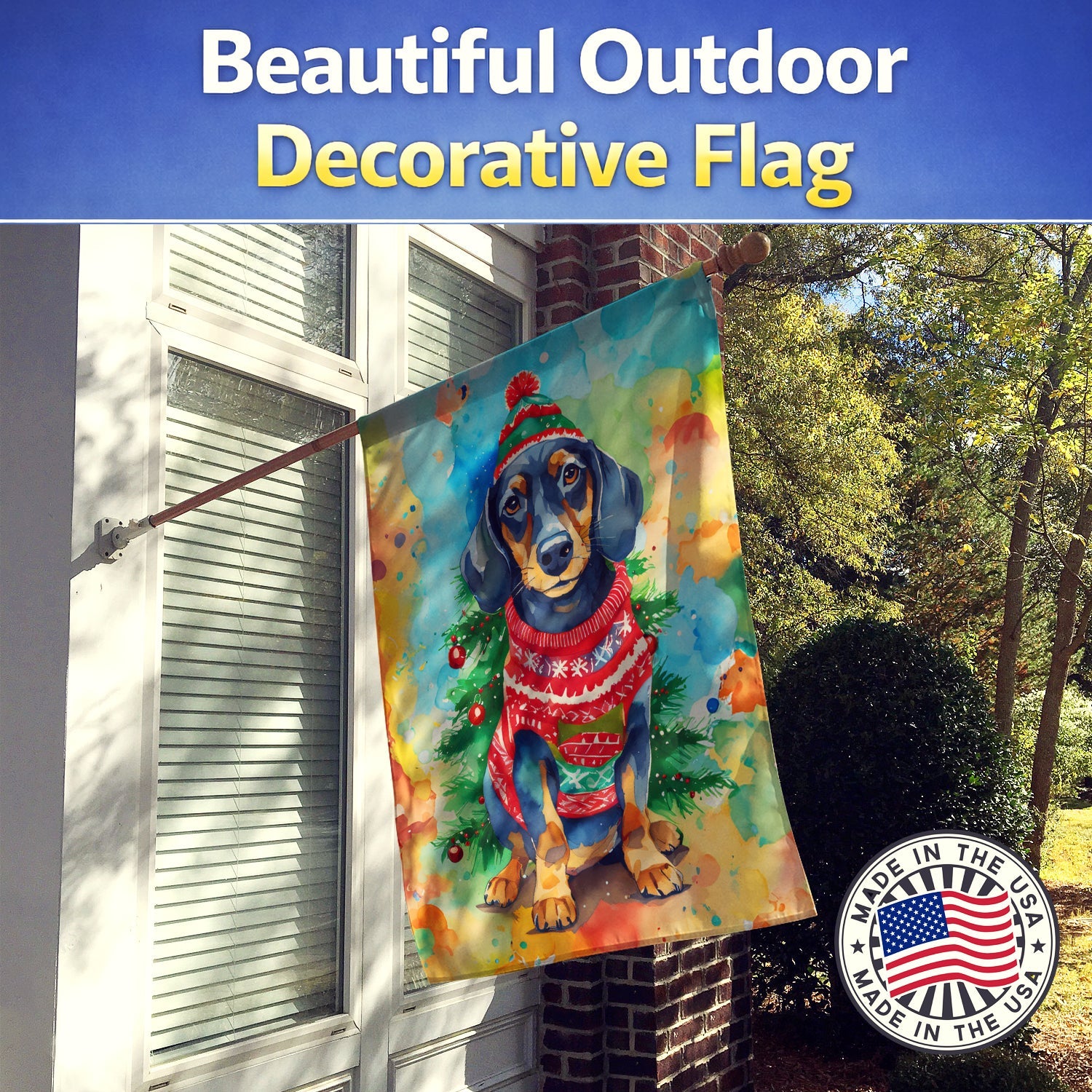 Dachshund Christmas House Flag 28x40 Porch Sleeve Pole Decorative Outside Yard Banner Artwork Wall Hanging, Polyester