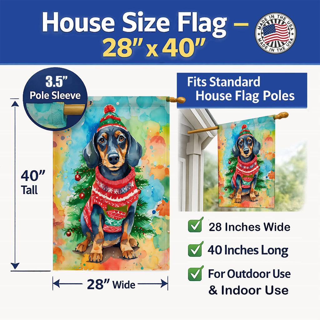 Dachshund Christmas House Flag 28x40 Porch Sleeve Pole Decorative Outside Yard Banner Artwork Wall Hanging, Polyester