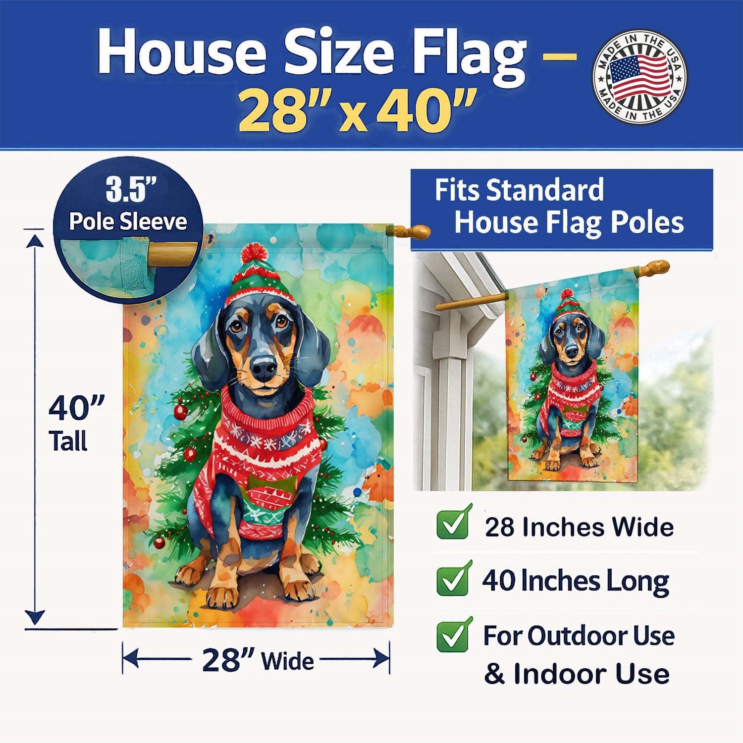 Dachshund Christmas House Flag 28x40 Porch Sleeve Pole Decorative Outside Yard Banner Artwork Wall Hanging, Polyester