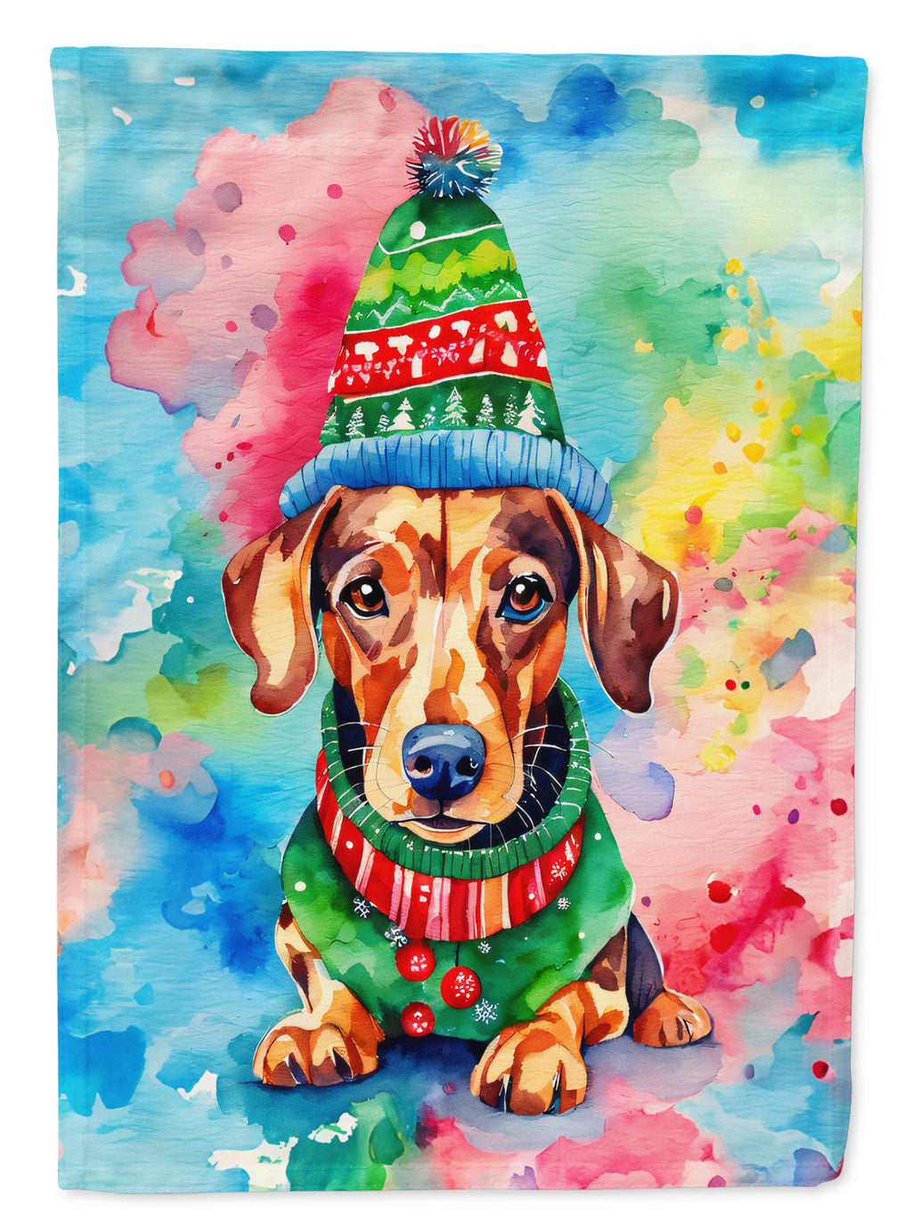 Dachshund Christmas House Flag 28x40 Porch Sleeve Pole Decorative Outside Yard Banner Artwork Wall Hanging, Polyester