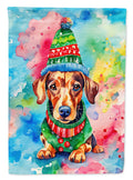 Dachshund Christmas House Flag 28x40 Porch Sleeve Pole Decorative Outside Yard Banner Artwork Wall Hanging, Polyester
