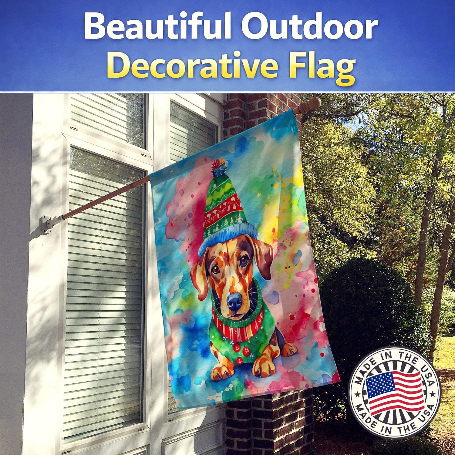 Dachshund Christmas House Flag 28x40 Porch Sleeve Pole Decorative Outside Yard Banner Artwork Wall Hanging, Polyester