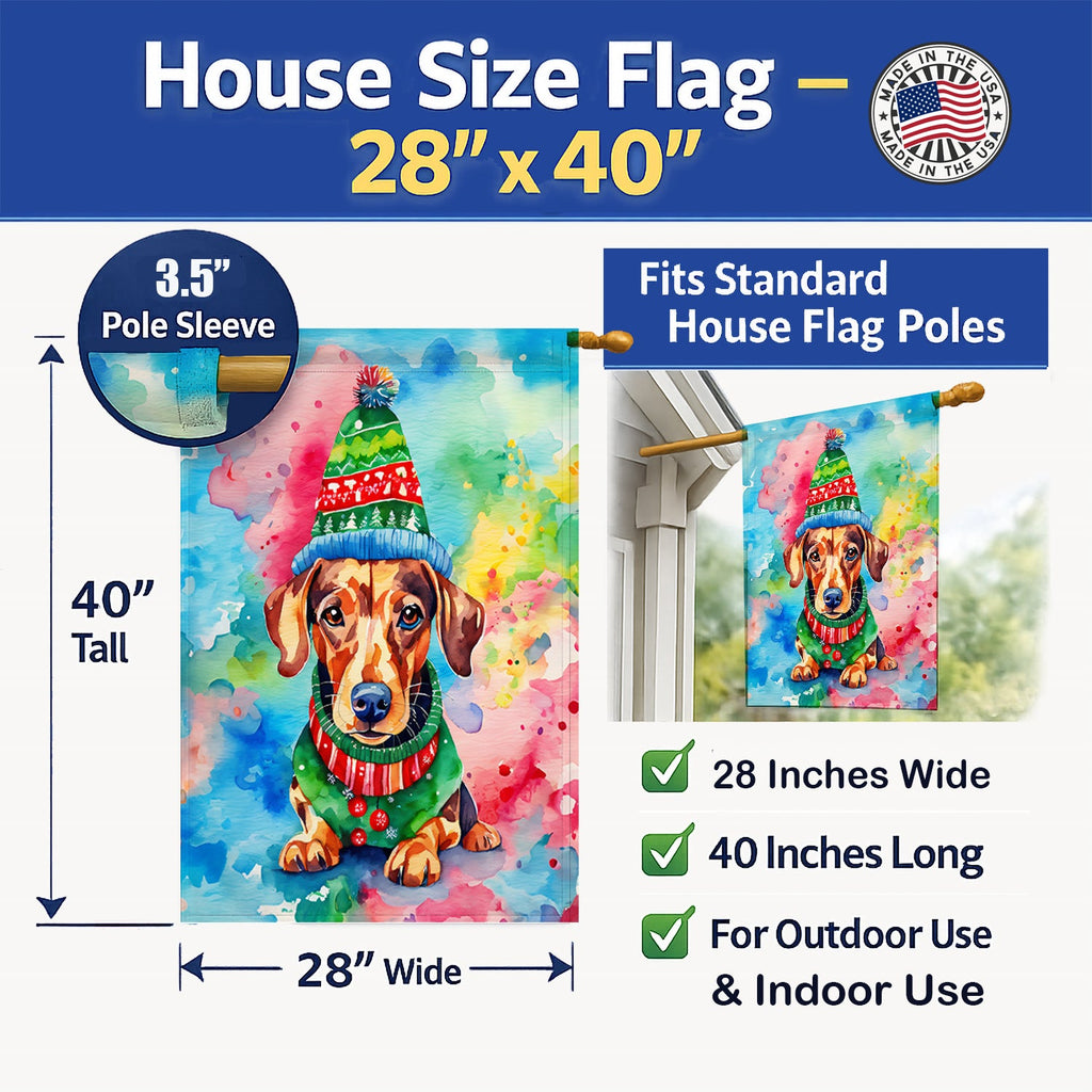 Dachshund Christmas House Flag 28x40 Porch Sleeve Pole Decorative Outside Yard Banner Artwork Wall Hanging, Polyester