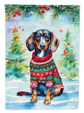 Dachshund Christmas House Flag 28x40 Porch Sleeve Pole Decorative Outside Yard Banner Artwork Wall Hanging, Polyester