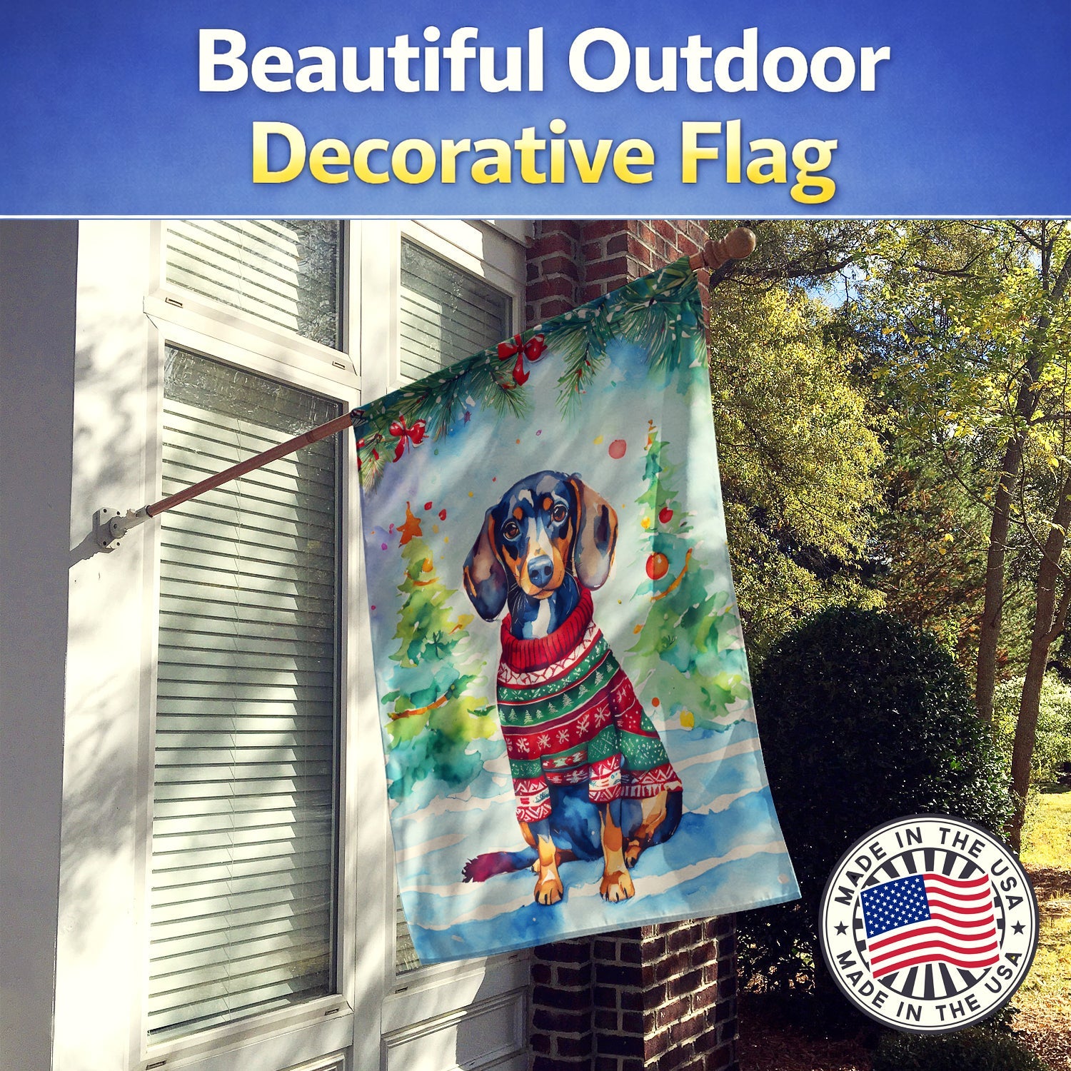 Dachshund Christmas House Flag 28x40 Porch Sleeve Pole Decorative Outside Yard Banner Artwork Wall Hanging, Polyester