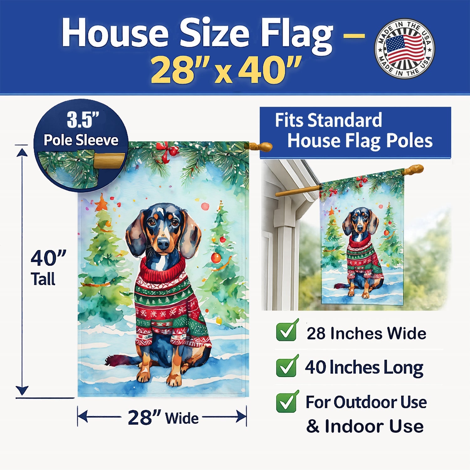 Dachshund Christmas House Flag 28x40 Porch Sleeve Pole Decorative Outside Yard Banner Artwork Wall Hanging, Polyester