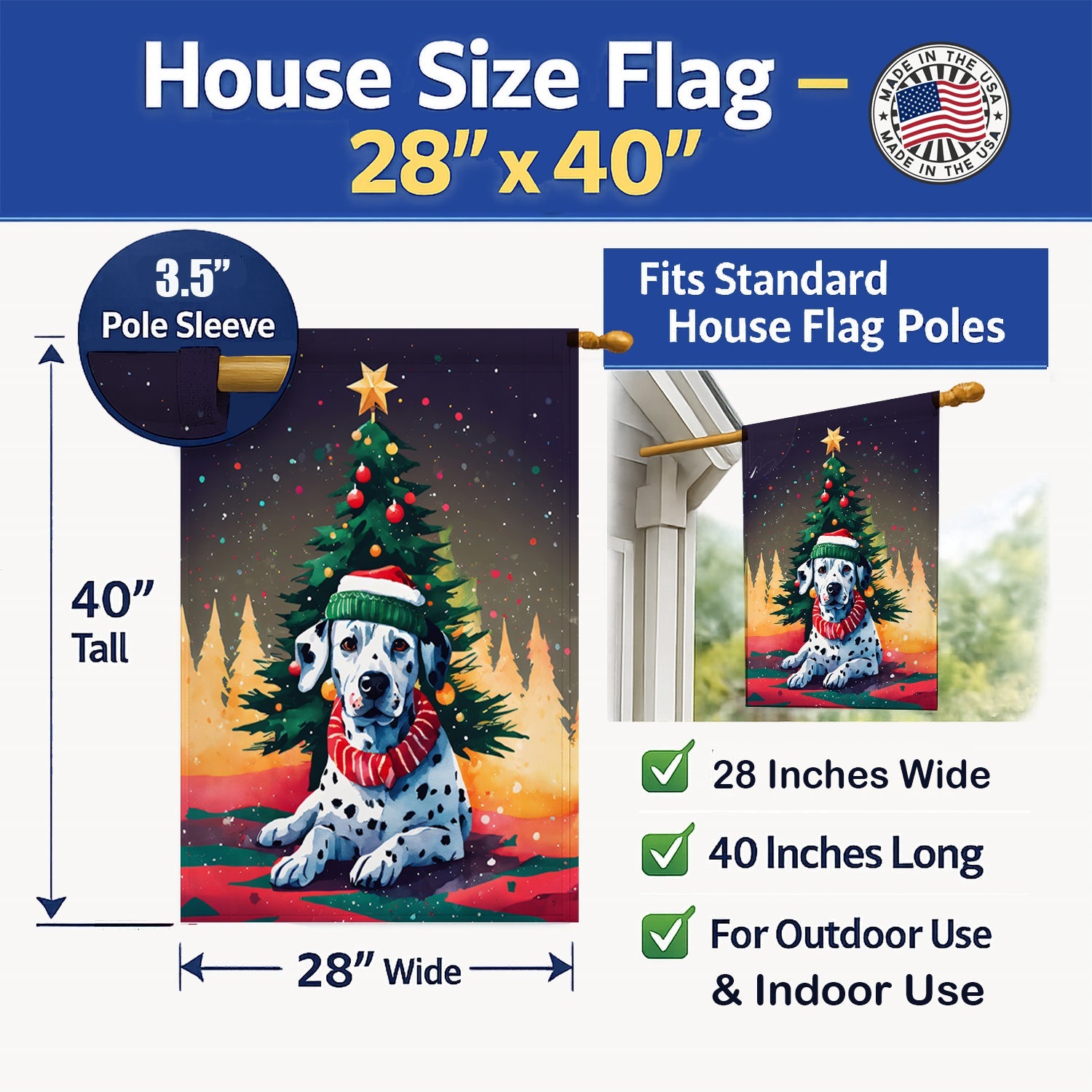 Dalmatian Christmas House Flag 28x40 Porch Sleeve Pole Decorative Outside Yard Banner Artwork Wall Hanging, Polyester