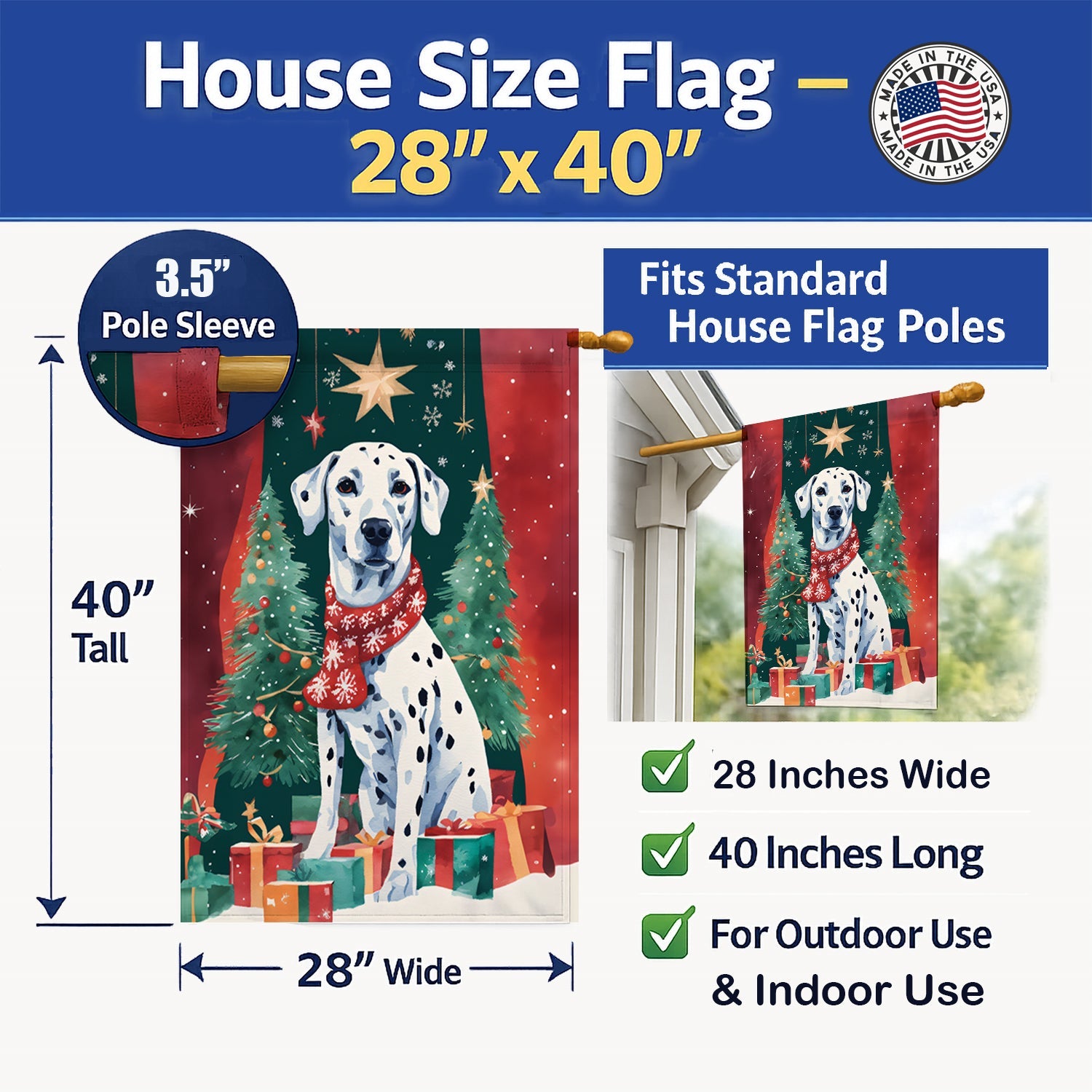 Dalmatian Christmas House Flag 28x40 Porch Sleeve Pole Decorative Outside Yard Banner Artwork Wall Hanging, Polyester