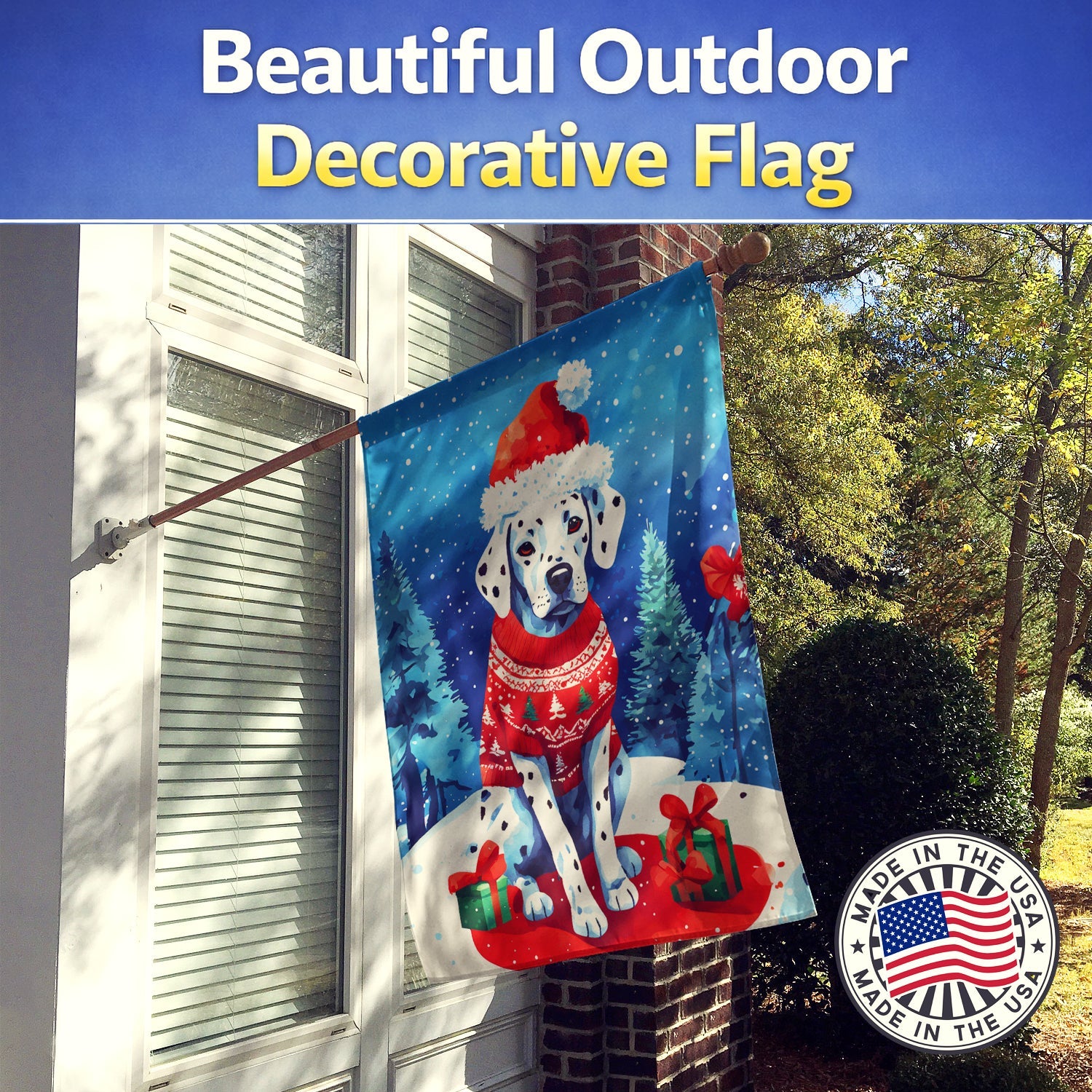 Dalmatian Christmas House Flag 28x40 Porch Sleeve Pole Decorative Outside Yard Banner Artwork Wall Hanging, Polyester