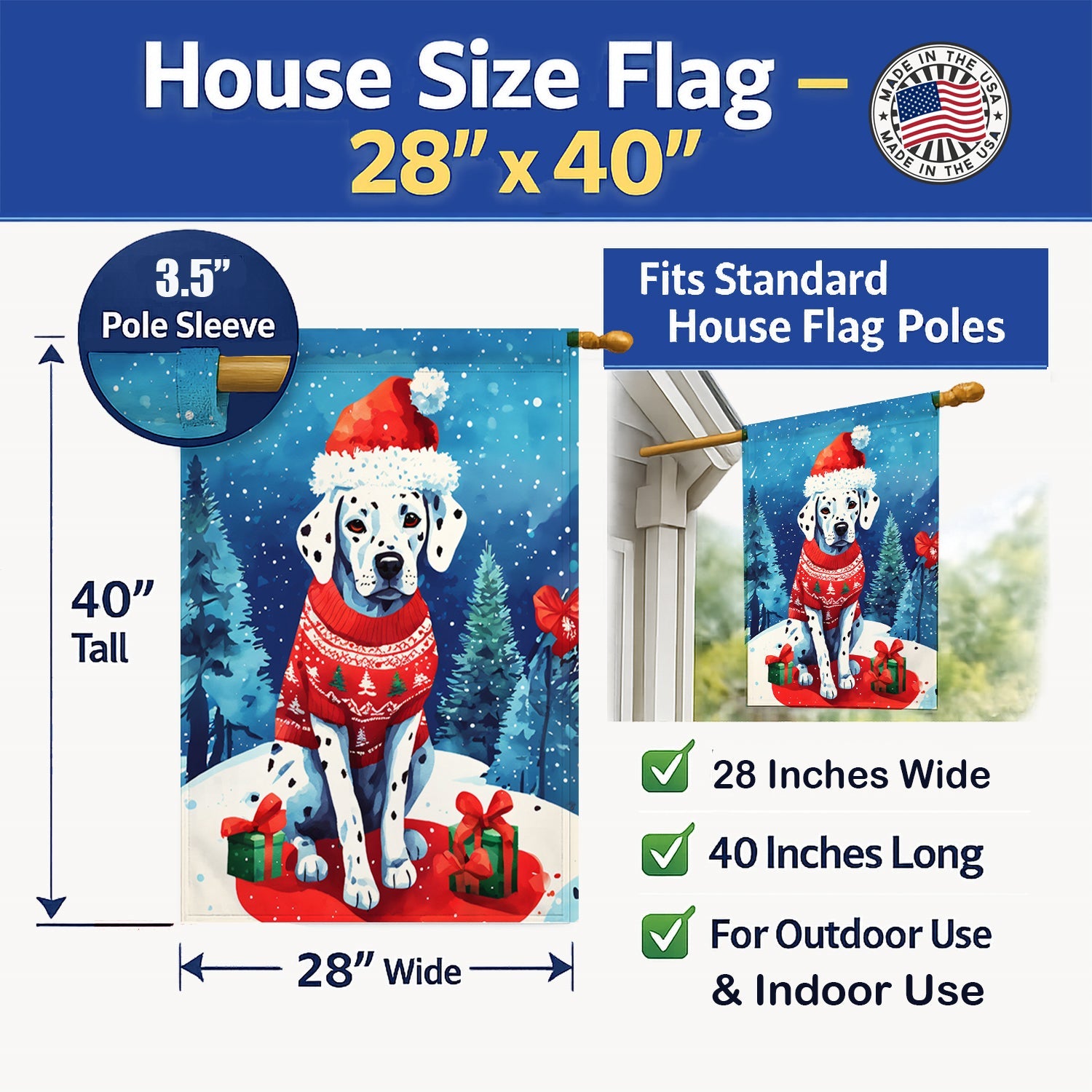 Dalmatian Christmas House Flag 28x40 Porch Sleeve Pole Decorative Outside Yard Banner Artwork Wall Hanging, Polyester