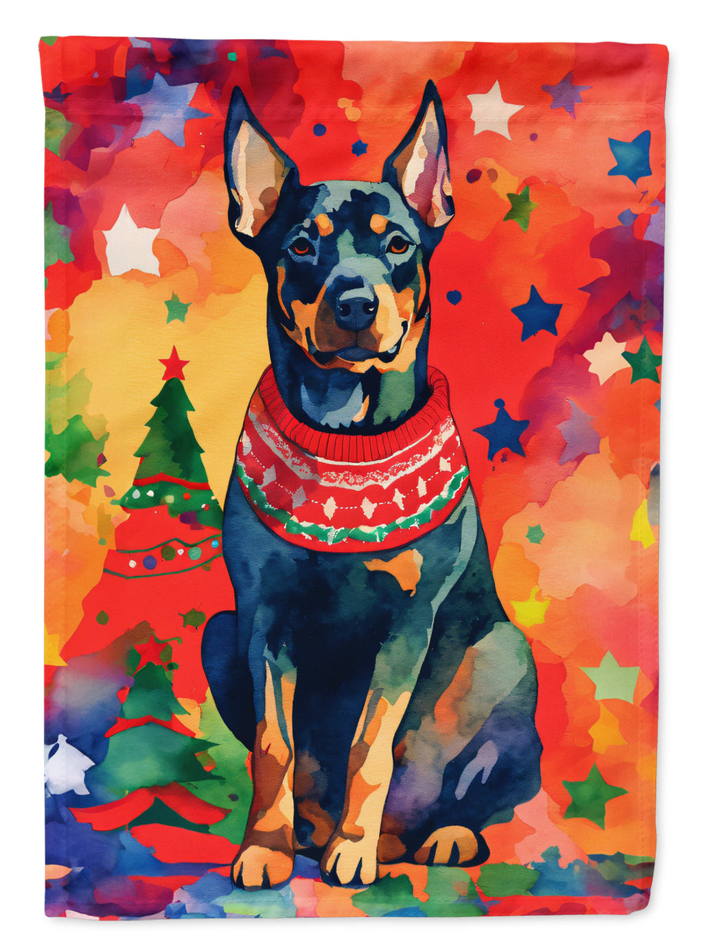 Doberman Pinscher Christmas House Flag 28x40 Porch Sleeve Pole Decorative Outside Yard Banner Artwork Wall Hanging, Polyester