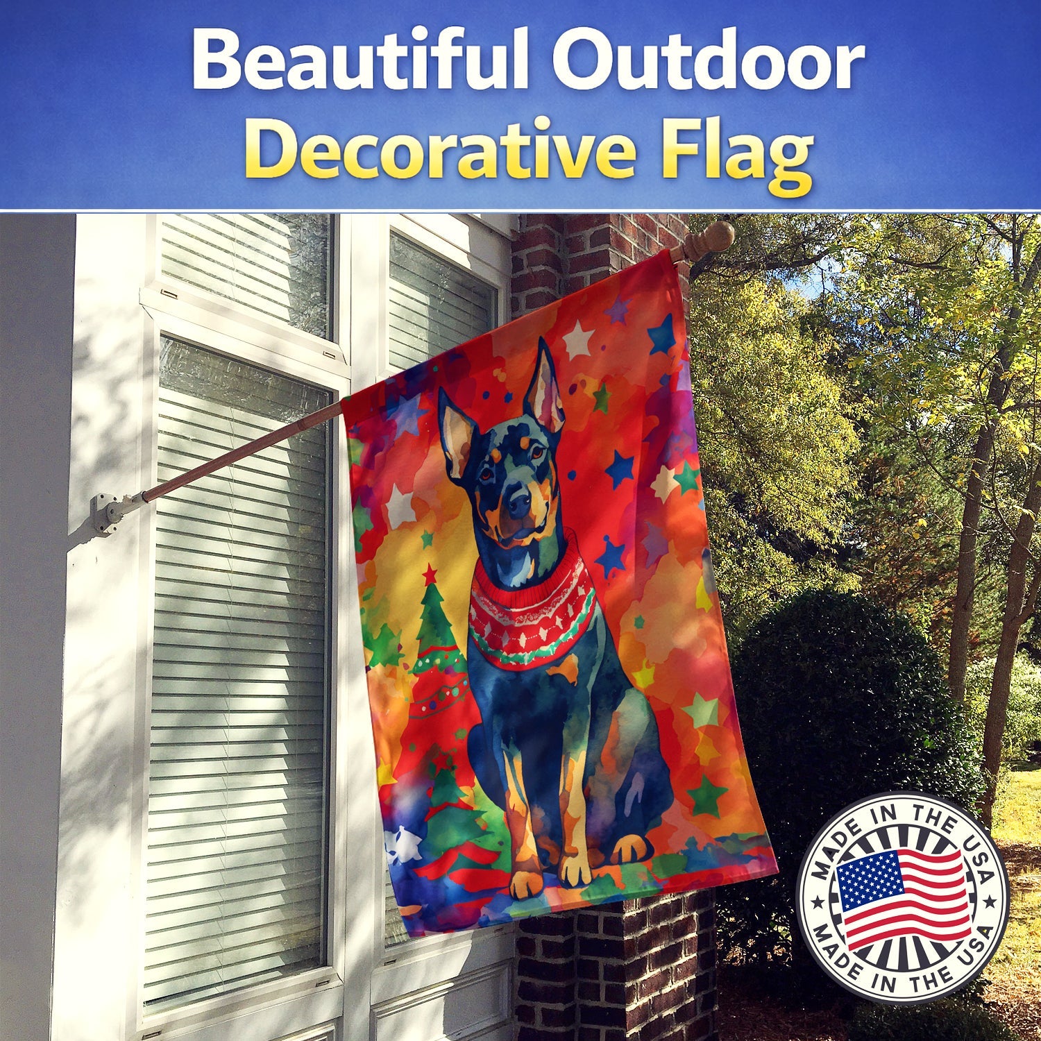 Doberman Pinscher Christmas House Flag 28x40 Porch Sleeve Pole Decorative Outside Yard Banner Artwork Wall Hanging, Polyester