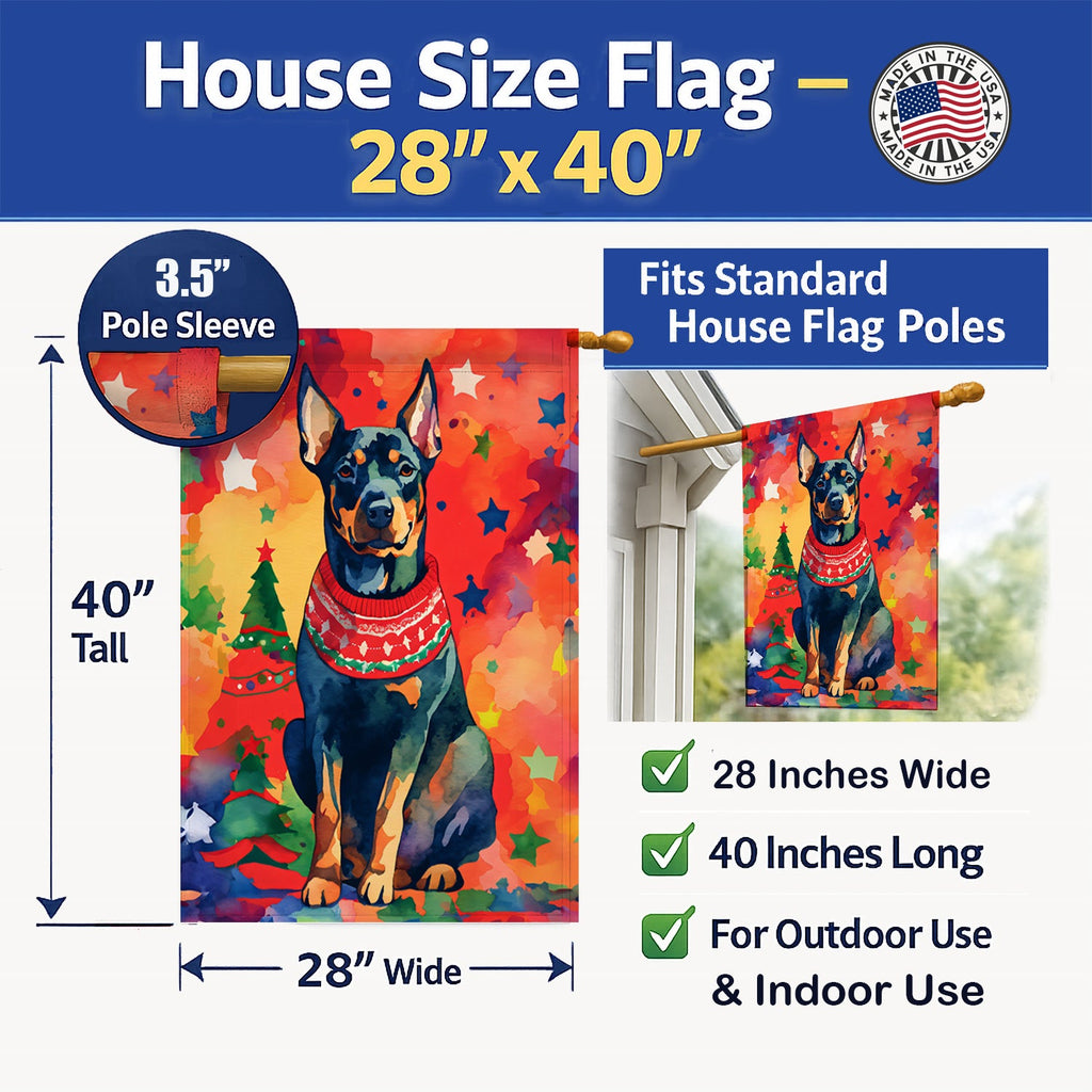 Doberman Pinscher Christmas House Flag 28x40 Porch Sleeve Pole Decorative Outside Yard Banner Artwork Wall Hanging, Polyester