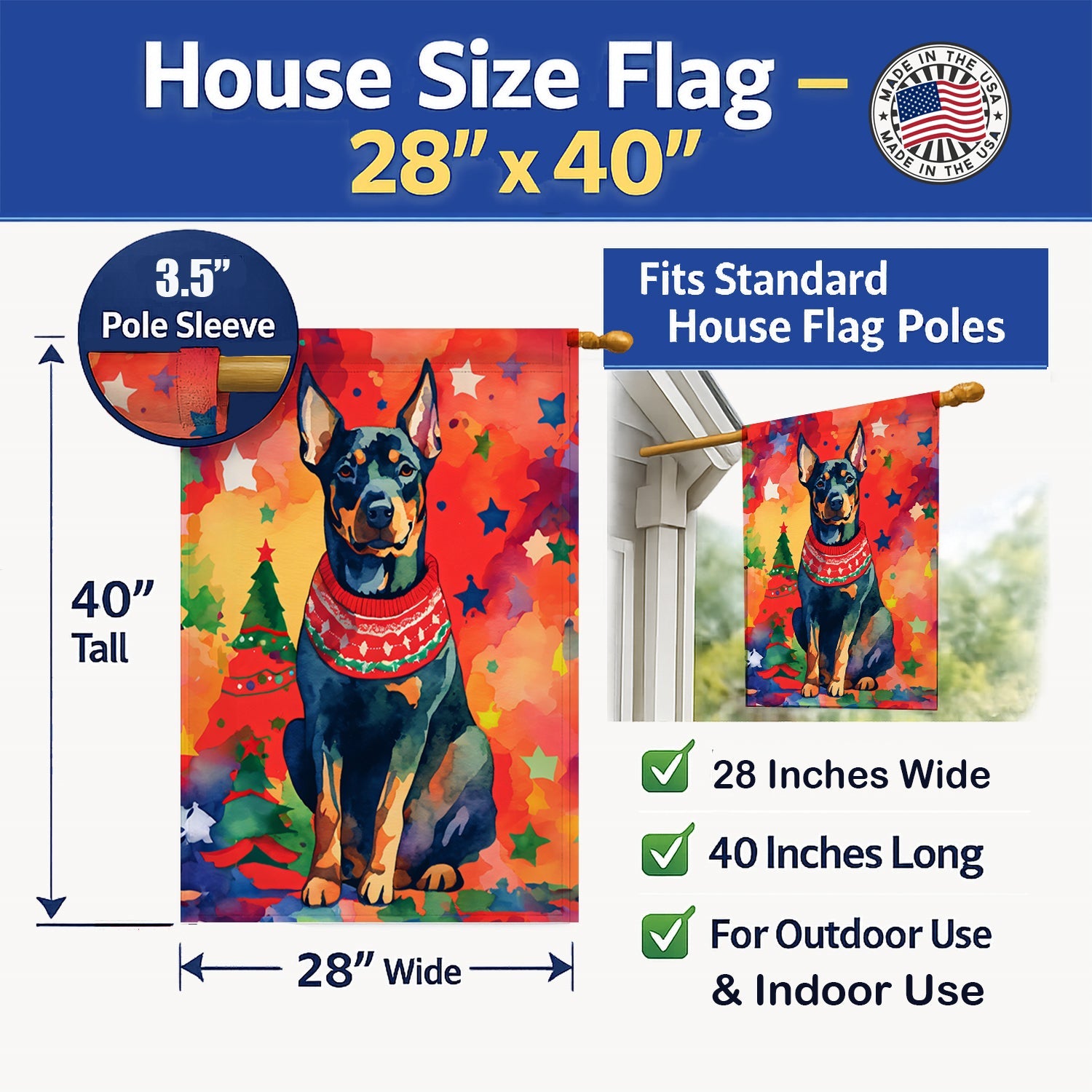 Doberman Pinscher Christmas House Flag 28x40 Porch Sleeve Pole Decorative Outside Yard Banner Artwork Wall Hanging, Polyester