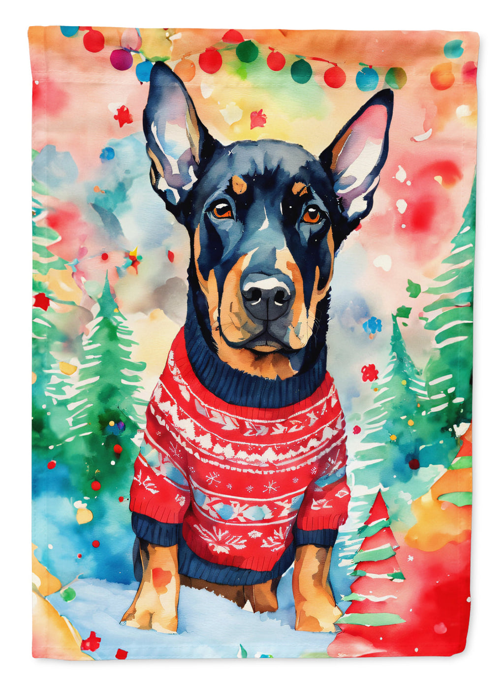 Doberman Pinscher Christmas House Flag 28x40 Porch Sleeve Pole Decorative Outside Yard Banner Artwork Wall Hanging, Polyester