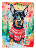Doberman Pinscher Christmas House Flag 28x40 Porch Sleeve Pole Decorative Outside Yard Banner Artwork Wall Hanging, Polyester