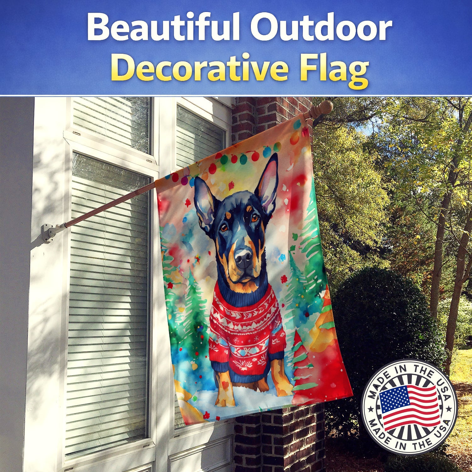 Doberman Pinscher Christmas House Flag 28x40 Porch Sleeve Pole Decorative Outside Yard Banner Artwork Wall Hanging, Polyester