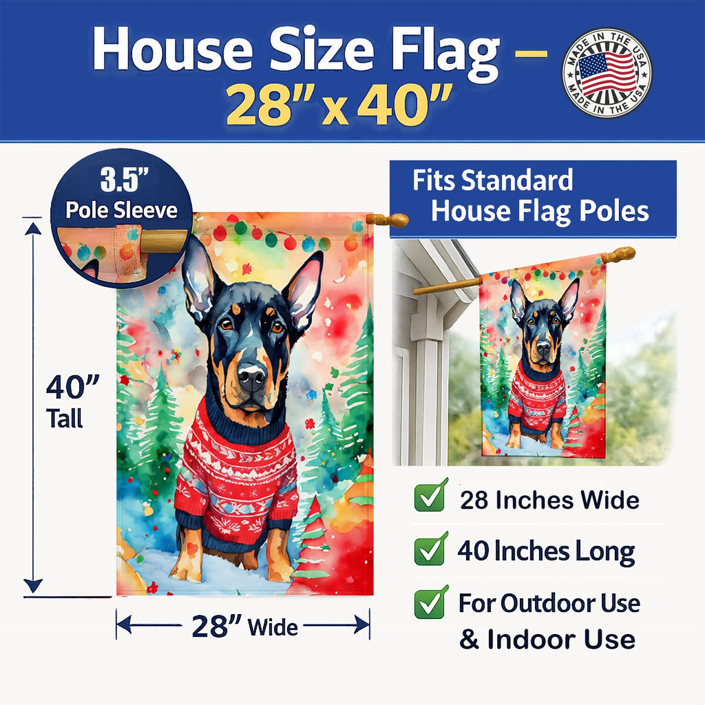 Doberman Pinscher Christmas House Flag 28x40 Porch Sleeve Pole Decorative Outside Yard Banner Artwork Wall Hanging, Polyester