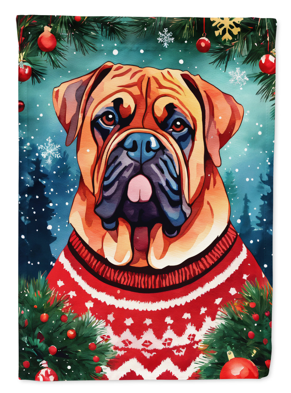 Dogue de Bordeaux Christmas House Flag 28x40 Porch Sleeve Pole Decorative Outside Yard Banner Artwork Wall Hanging, Polyester