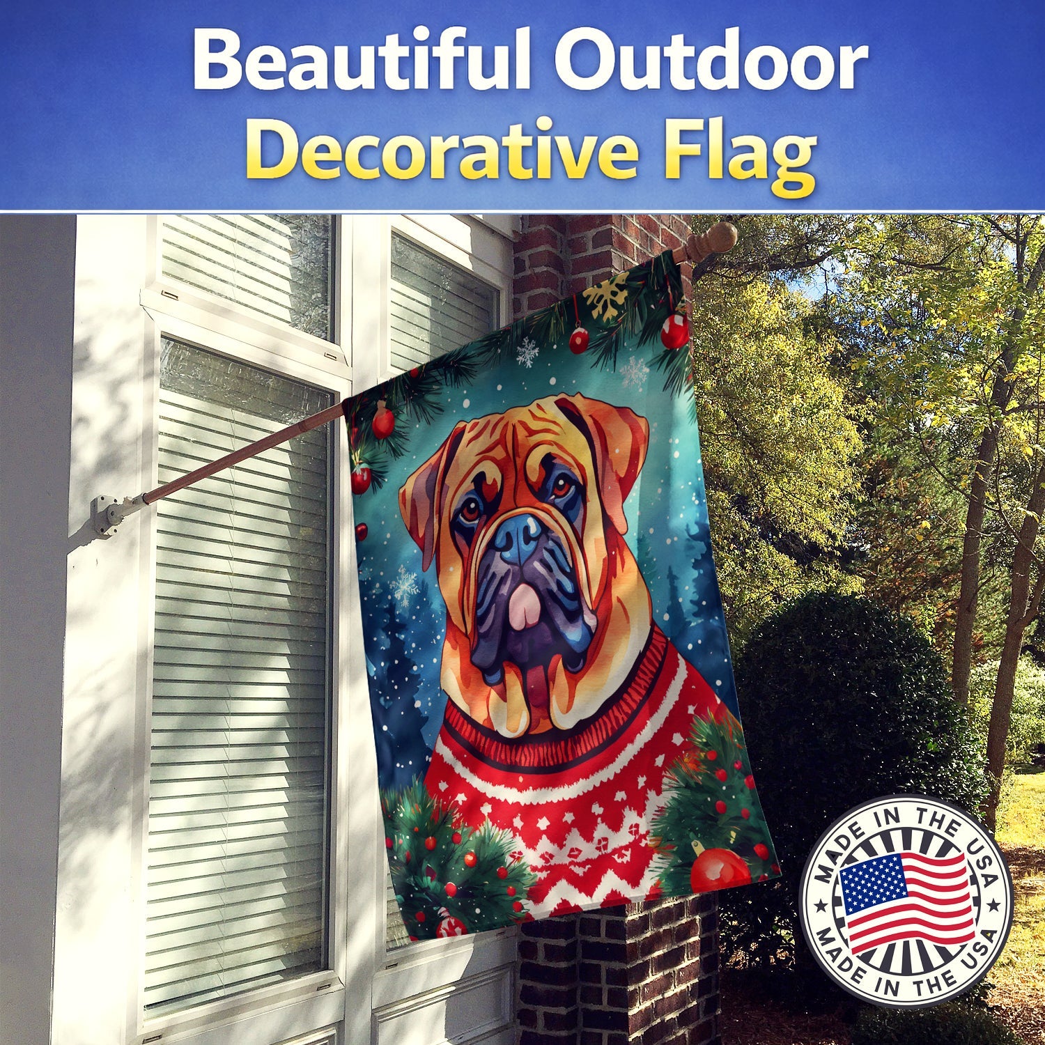Dogue de Bordeaux Christmas House Flag 28x40 Porch Sleeve Pole Decorative Outside Yard Banner Artwork Wall Hanging, Polyester