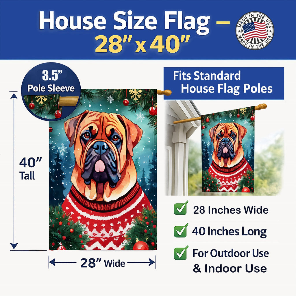 Dogue de Bordeaux Christmas House Flag 28x40 Porch Sleeve Pole Decorative Outside Yard Banner Artwork Wall Hanging, Polyester