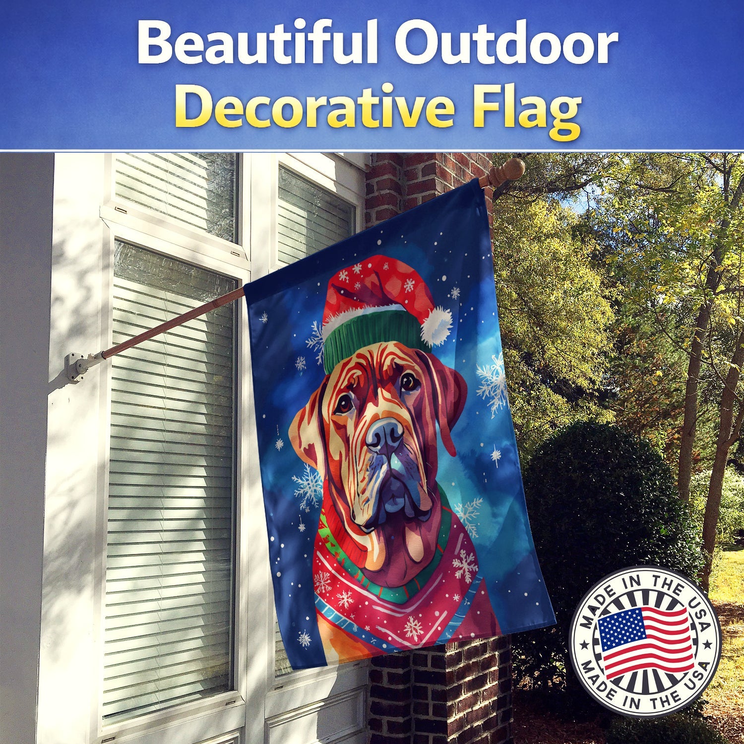 Dogue de Bordeaux Christmas House Flag 28x40 Porch Sleeve Pole Decorative Outside Yard Banner Artwork Wall Hanging, Polyester