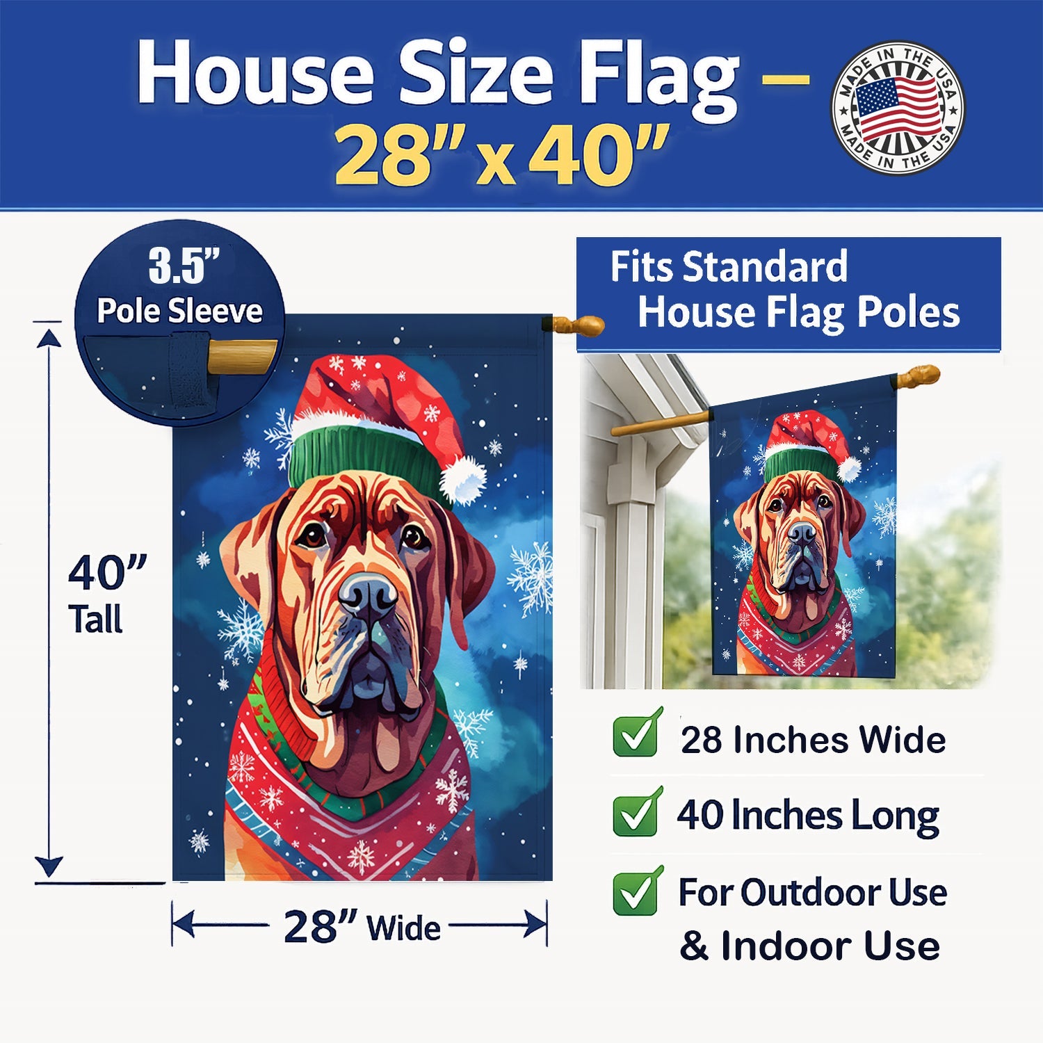 Dogue de Bordeaux Christmas House Flag 28x40 Porch Sleeve Pole Decorative Outside Yard Banner Artwork Wall Hanging, Polyester