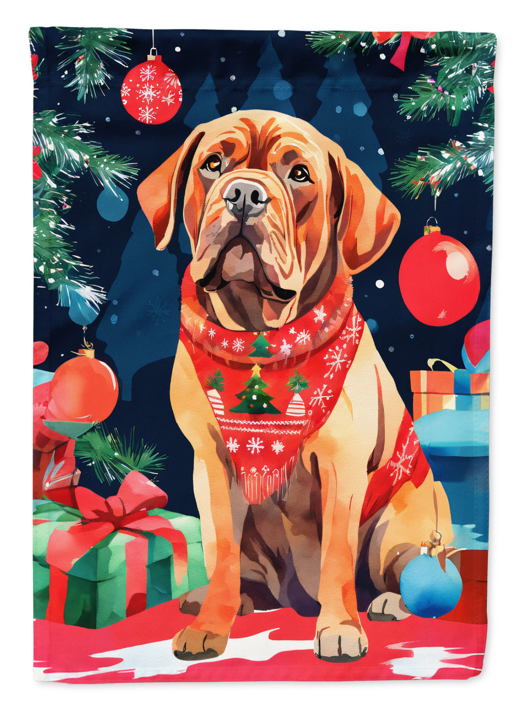 Dogue de Bordeaux Christmas House Flag 28x40 Porch Sleeve Pole Decorative Outside Yard Banner Artwork Wall Hanging, Polyester