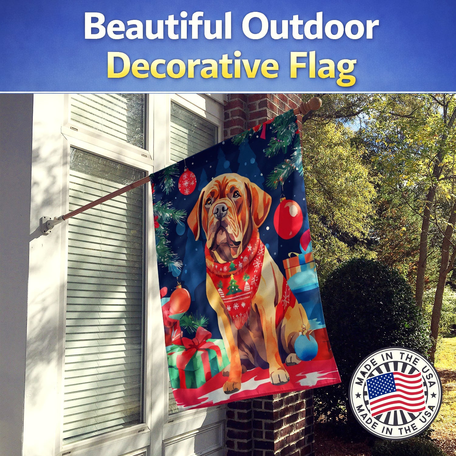 Dogue de Bordeaux Christmas House Flag 28x40 Porch Sleeve Pole Decorative Outside Yard Banner Artwork Wall Hanging, Polyester