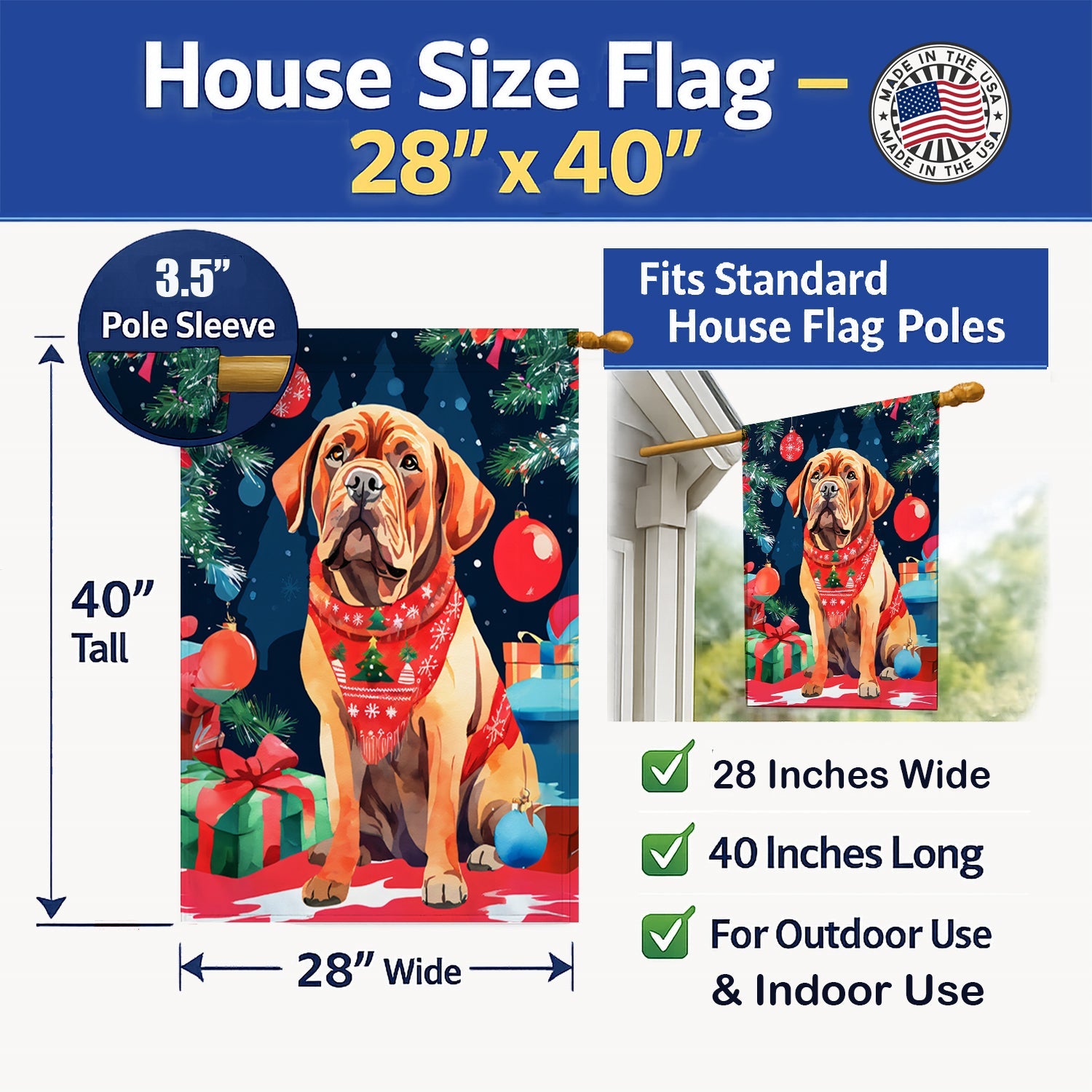 Dogue de Bordeaux Christmas House Flag 28x40 Porch Sleeve Pole Decorative Outside Yard Banner Artwork Wall Hanging, Polyester